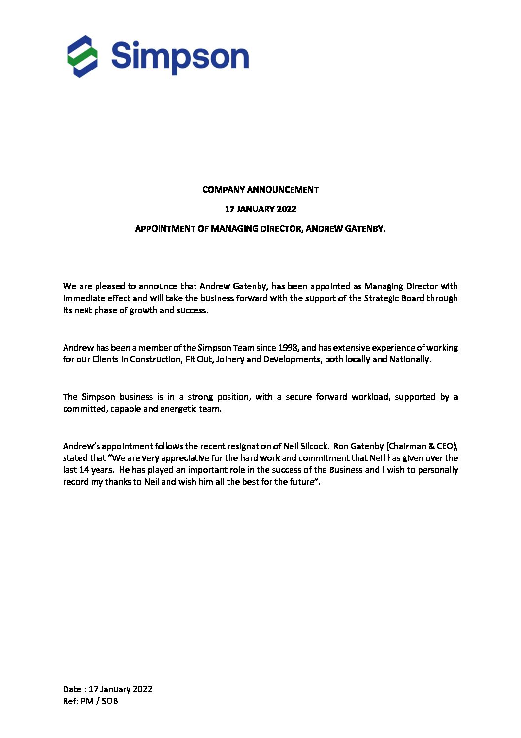 COMPANY ANNOUNCEMENT 17.01.2022